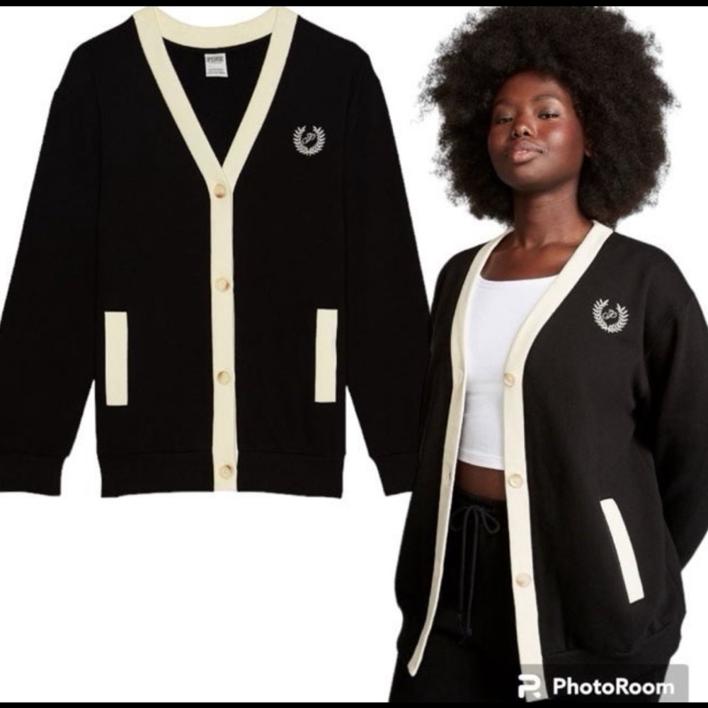 PINK LARGE BLACK PREMIUM FLEECE BOYFRIEND CARDIGAN